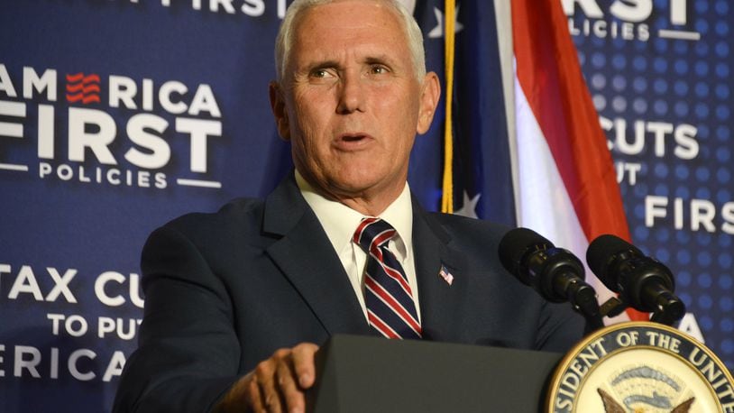 Vice President Mike Pence was in Cincinnati on Tuesday to promote the Trump administration tax cuts. America First Policies, a group that promotes President Donald Trump’s policies, sponsored the Pence visit in downtown Cincinnati. MICHAEL D. PITMAN/STAFF