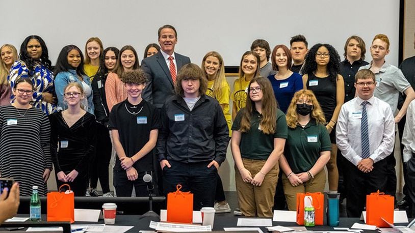 Clark-Shawnee Local School District students participated in the FlexFactor Regional Competition. Here are the students with Ohio Lt. Governor Jon Husted. Contributed