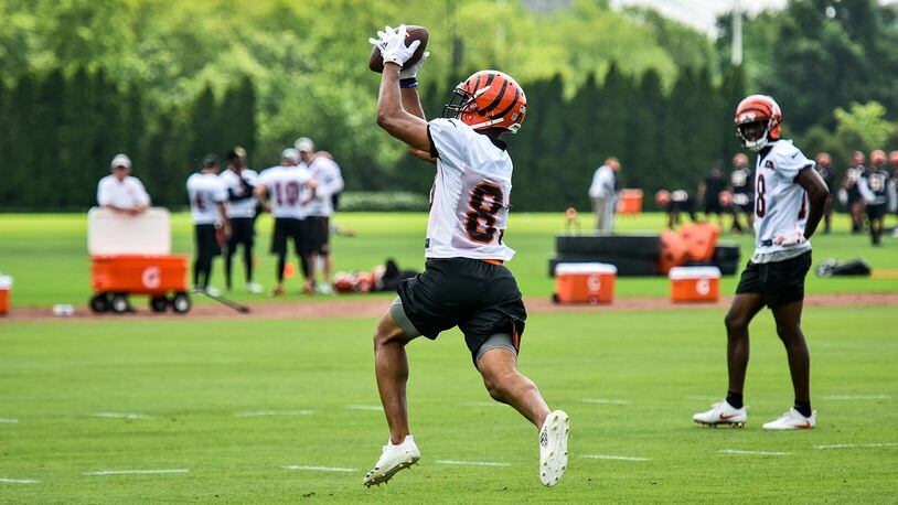 Bengals’ wide receiver Tyler Boyd catches a pass during organized team activities Tuesday, May 22 at the practice facility near Paul Brown Stadium in Cincinnati. NICK GRAHAM/STAFF