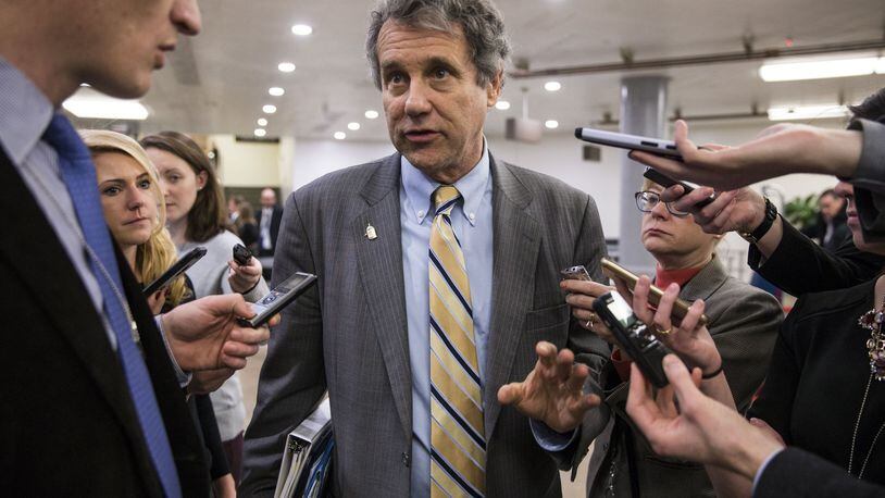 Sen. Sherrod Brown (D-Ohio) speaks to reporters, on Capitol Hill in Washington, Feb. 1, 2017. Senate Republicans were able to push some of President Donald Trump’s most controversial Cabinet nominees forward on Wednesday, a sign of the struggle ahead for Democrats in slowing the GOP agenda. (Al Drago/The New York Times)