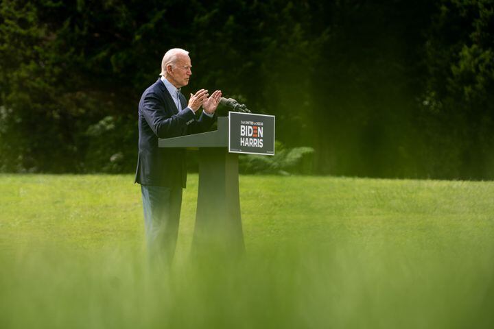 Joe Biden, Democratic presidential nominee, speaks outside the Delaware Museum of Natural History in Wilmington, Del., Sept. 14, 2020. President Donald Trump visited California after weeks of silence on its wildfires and blamed the crisis only on poor forest management, not climate change. Biden called him a “climate arsonist.” (Erin Schaff/The New York Times)