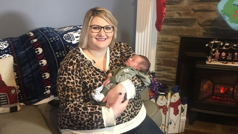 Lauren Chalk holds her newborn, Wyatt, during an interview with WHBQ-TV on Friday, Dec. 13, 2019. (Fox13Memphis.com)
