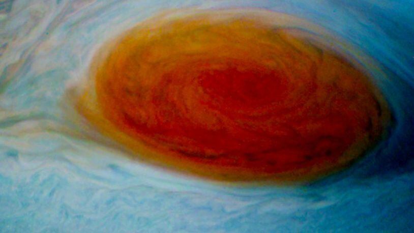 Jupiter’s Great Red Spot captured by NASA’s Juno mission, enhanced in color for a detailed view.