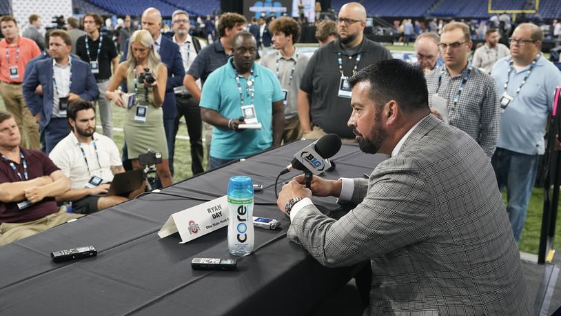 Ohio State head coach Ryan Day speaks during an NCAA college football news conference at the Big Ten Conference media days at Lucas Oil Stadium, Wednesday, July 26, 2023, in Indianapolis. (AP Photo/Darron Cummings)