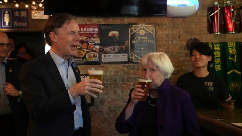 US Treasury Secretary Janet Yellen and US ambassador to China Nicholas Burns sample beer at the Jing-A brewery in Beijing, China, Monday, April 8, 2024. Ever since she ate mushrooms that can have psychedelic effects in Beijing last July, Americans and Chinese have been united in their interest in what Janet Yellen will eat next. (AP Photo/Tatan Syuflana, Pool)