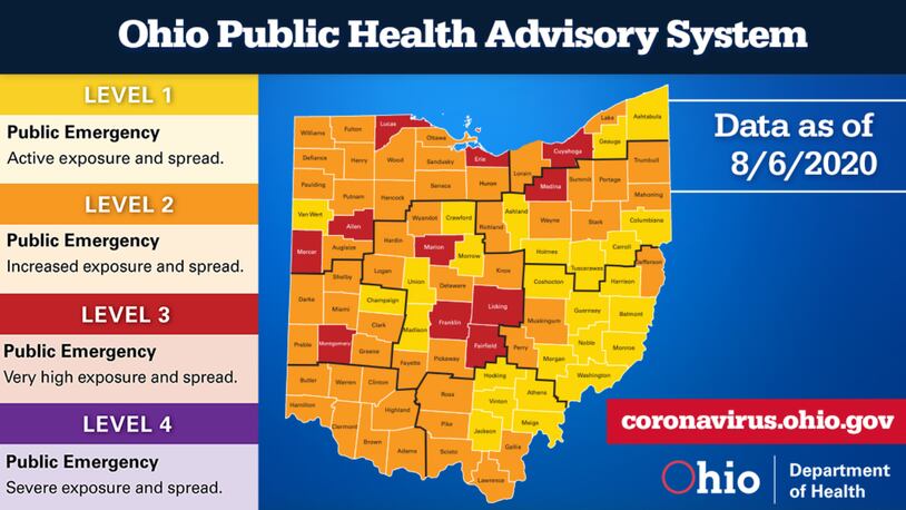 The Ohio Department of Health released updated state alert levels on Thursday, Aug. 6, 2020.