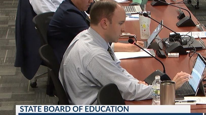 Ohio School Board member Brendan Shea of London discusses his proposed resolution opposing changes to Title IX that would dismantle protections for transgender students at the September 2022 state board of education meeting. Courtesy of The Ohio Channel.