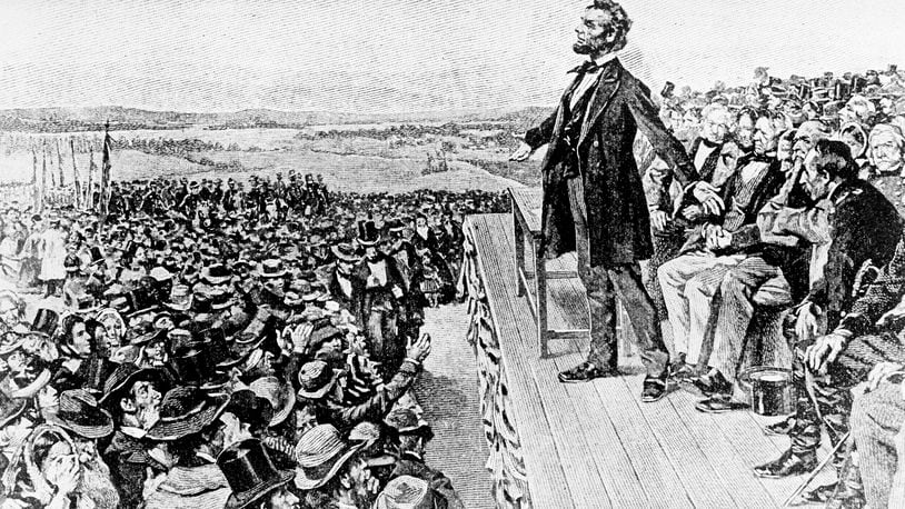 FILE - This undated illustration depicts President Abraham Lincoln making his Gettysburg Address at the dedication of the Gettysburg National Cemetery on the battlefield at Gettysburg, Pa., Nov. 19, 1863. (Library of Congress via AP, File)