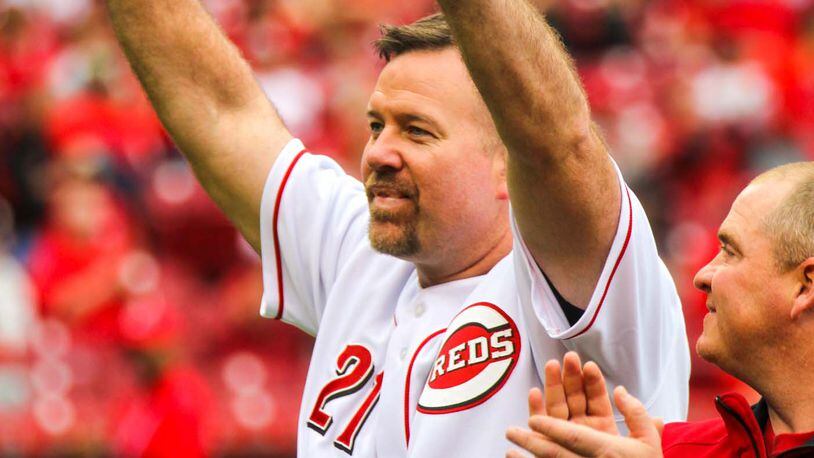 Former Reds player Sean Casey is recognized by the crowd prior to the start of  the Reds Opening Day game against the Phillies, Monday, Apr. 3, 2017. GREG  LYNCH / STAFF